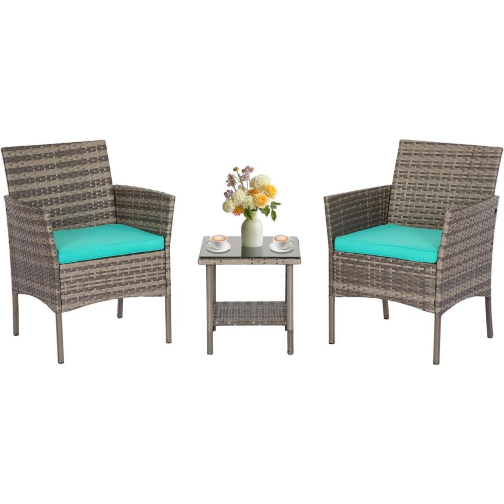image:imageFDW Wicker Outdoor Furniture Patio Furniture Set of 3 Rattan Patio Chairs Outdoor Chairs Patio Conversation Set with Coffee Table for Yard Backyard Lawn Porch Poolside BalconyBlackGray and Blue