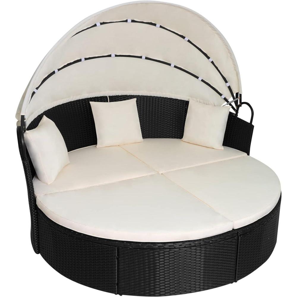 image:imageOutdoor Round Daybed Wicker Outdoor Furniture Patio Furniture with Retractable Canopy Rattan Separated Seating Sectional Sofa Blue Washable Cushioned and Three Pillow for Patio Backyard Porch PoolKhaki