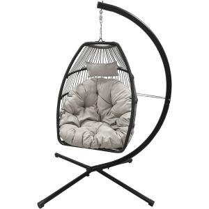 Egg Chair Hammock Chair Basket Chair Hanging Swing Chair UV Resistant Cushion with Stand for Indoor Bedroom Outdoor Garden Backyard(Black and Tan)