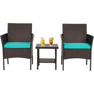 FDW | 4-Piece Patio Furniture Set | Black | Outdoor Wicker Furniture with Coffee Table | Modern Rattan Chairs Conversation Set | Outdoor Seating | Weather-Resistant | for Porch, Garden, Lawn(Brown and Blue)