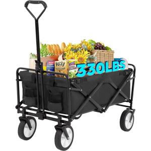 FDW 39”L Collapsible Wagon Cart, Heavy Duty Utility Folding Wagon for Outdoor Sports, 330 LBS Weight Capacity, Camping, Garden, and Shopping, Black(Black)
