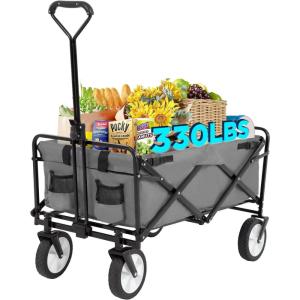 FDW 39”L Collapsible Wagon Cart, Heavy Duty Utility Folding Wagon for Outdoor Sports, 330 LBS Weight Capacity, Camping, Garden, and Shopping, Black(Gray)