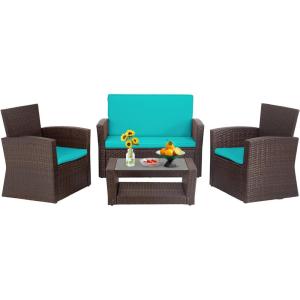 FDW 4 Piece Patio Furniture Sets, Wicker Conversation Set 4 All-Weather Outdoor Sectional Patio Sofa for Porch Deck with Blue Cushion Brown Rattan Sofa Chair(Brown and Blue)