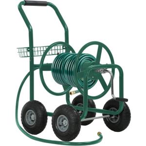 FDW Garden Hose Reel Cart, Water Hose Cart with 4 Wheels, Hold Up to 300 ft of 5/8’’ Hose，Heavy Duty Powder-Coated Steel Planting with Storage Basket, for Garden, Yard and Lawn(Green-1)
