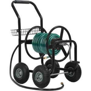 FDW Garden Hose Reel Cart, Water Hose Cart with 4 Wheels, Hold Up to 300 ft of 5/8’’ Hose，Heavy Duty Powder-Coated Steel Planting with Storage Basket, for Garden, Yard and Lawn(Black-1)