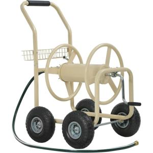 FDW Garden Hose Reel Cart, Water Hose Cart with 4 Wheels, Hold Up to 300 ft of 5/8’’ Hose，Heavy Duty Powder-Coated Steel Planting with Storage Basket, for Garden, Yard and Lawn(Tan)