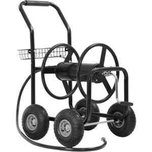 FDW Garden Hose Reel Cart, Water Hose Cart with 4 Wheels, Hold Up to 300 ft of 5/8’’ Hose，Heavy Duty Powder-Coated Steel Planting with Storage Basket, for Garden, Yard and Lawn(Black)