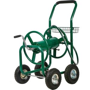 FDW Garden Hose Reel Cart, Water Hose Cart with 4 Wheels, Hold Up to 300 ft of 5/8’’ Hose，Heavy Duty Powder-Coated Steel Planting with Storage Basket, for Garden, Yard and Lawn(Green)