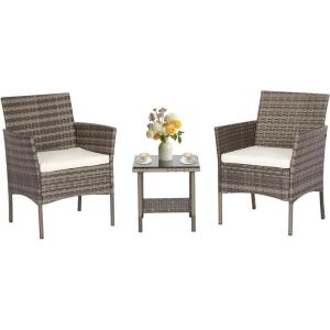 FDW Wicker Outdoor Furniture Patio Furniture Set of 3 Rattan Patio Chairs Outdoor Chairs Patio Conversation Set with Coffee Table for Yard Backyard Lawn Porch Poolside Balcony,Black(Gray and Khaki)