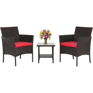 FDW Wicker Outdoor Furniture Patio Furniture Set of 3 Rattan Patio Chairs Outdoor Chairs Patio Conversation Set with Coffee Table for Yard Backyard Lawn Porch Poolside Balcony,Black(Brown and Red)