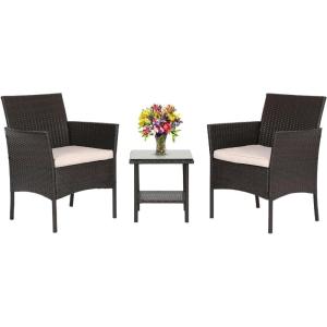 FDW Wicker Outdoor Furniture Patio Furniture Set of 3 Rattan Patio Chairs Outdoor Chairs Patio Conversation Set with Coffee Table for Yard Backyard Lawn Porch Poolside Balcony,Black(Brown and Khaki)