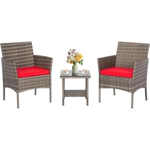 FDW Wicker Outdoor Furniture Patio Furniture Set of 3 Rattan Patio Chairs Outdoor Chairs Patio Conversation Set with Coffee Table for Yard Backyard Lawn Porch Poolside Balcony,Black(Gray and Red)
