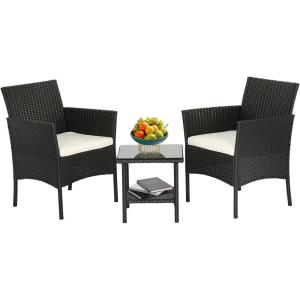 FDW Wicker Outdoor Furniture Patio Furniture Set of 3 Rattan Patio Chairs Outdoor Chairs Patio Conversation Set with Coffee Table for Yard Backyard Lawn Porch Poolside Balcony,Black(Black and Beige)