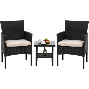 FDW Wicker Outdoor Furniture Patio Furniture Set of 3 Rattan Patio Chairs Outdoor Chairs Patio Conversation Set with Coffee Table for Yard Backyard Lawn Porch Poolside Balcony,Black(Black and Khaki)