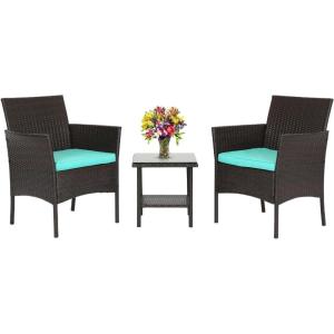 FDW Wicker Outdoor Furniture Patio Furniture Set of 3 Rattan Patio Chairs Outdoor Chairs Patio Conversation Set with Coffee Table for Yard Backyard Lawn Porch Poolside Balcony,Black(Brown and Blue)