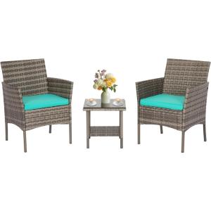 FDW Wicker Outdoor Furniture Patio Furniture Set of 3 Rattan Patio Chairs Outdoor Chairs Patio Conversation Set with Coffee Table for Yard Backyard Lawn Porch Poolside Balcony,Black(Gray and Blue)