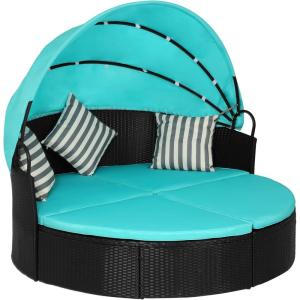 Outdoor Round Daybed Wicker Outdoor Furniture Patio Furniture with Retractable Canopy Rattan Separated Seating Sectional Sofa Blue Washable Cushioned and Three Pillow for Patio Backyard Porch Pool(Blue)