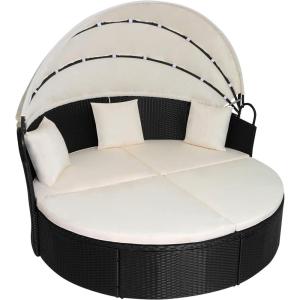 Outdoor Round Daybed Wicker Outdoor Furniture Patio Furniture with Retractable Canopy Rattan Separated Seating Sectional Sofa Blue Washable Cushioned and Three Pillow for Patio Backyard Porch Pool(Khaki)