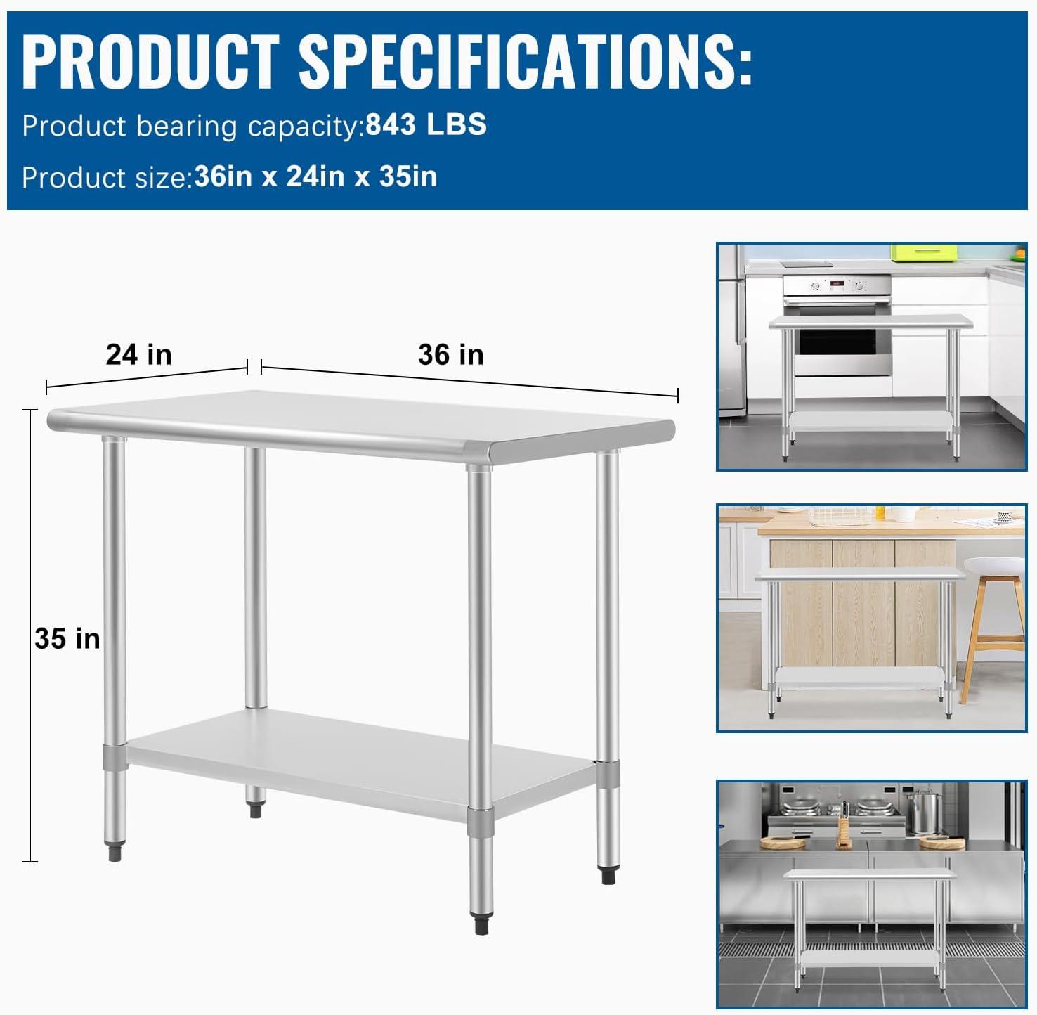 image:imageFDW 24 x 36 Inch Stainless Steel Table for Prep amp Work NSF Commercial Metal Table with Adjustable Foot Kitchen Work Table Scratch Resistent Commercial Work Table