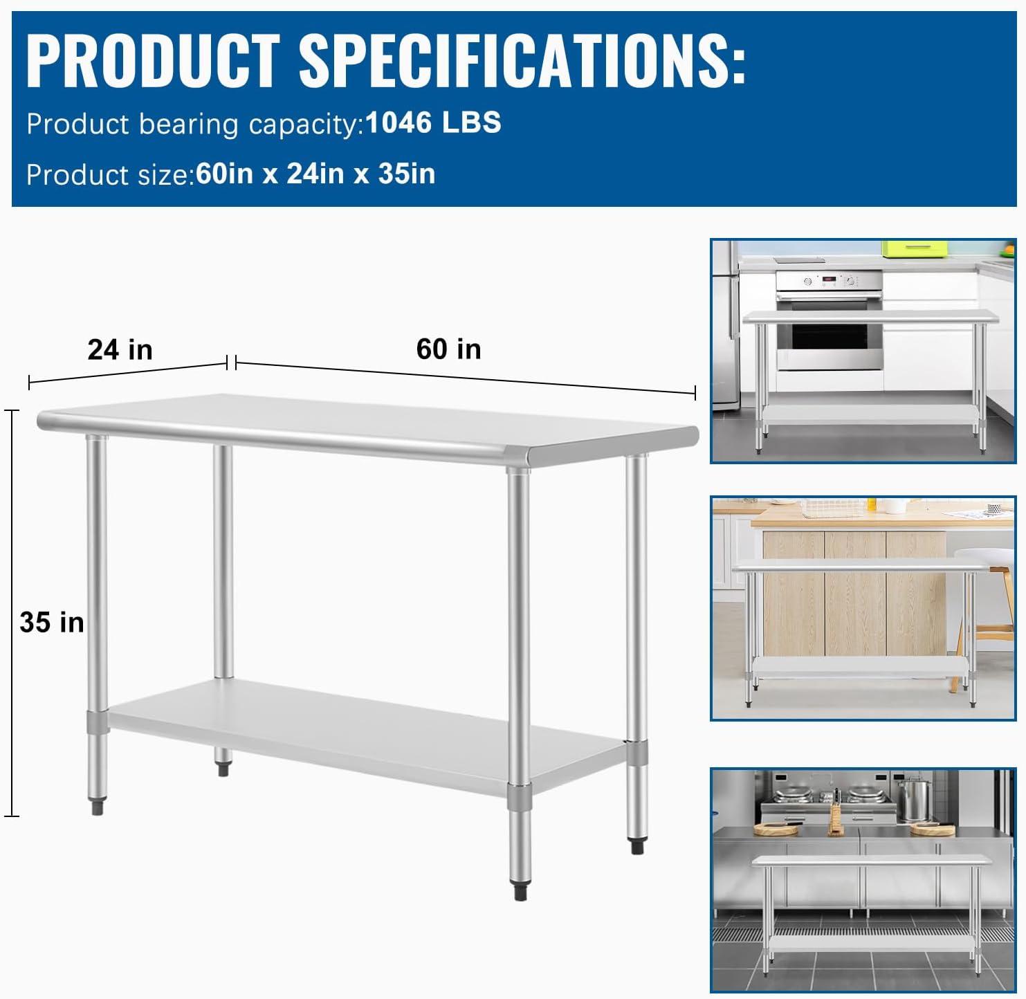 image:imageFDW Stainless Steel Work Table Kitchen Scratch Resistent Commercial Metal Work Table with Adjustable Foot for Kitchen Home Restaurant 24Wx60L