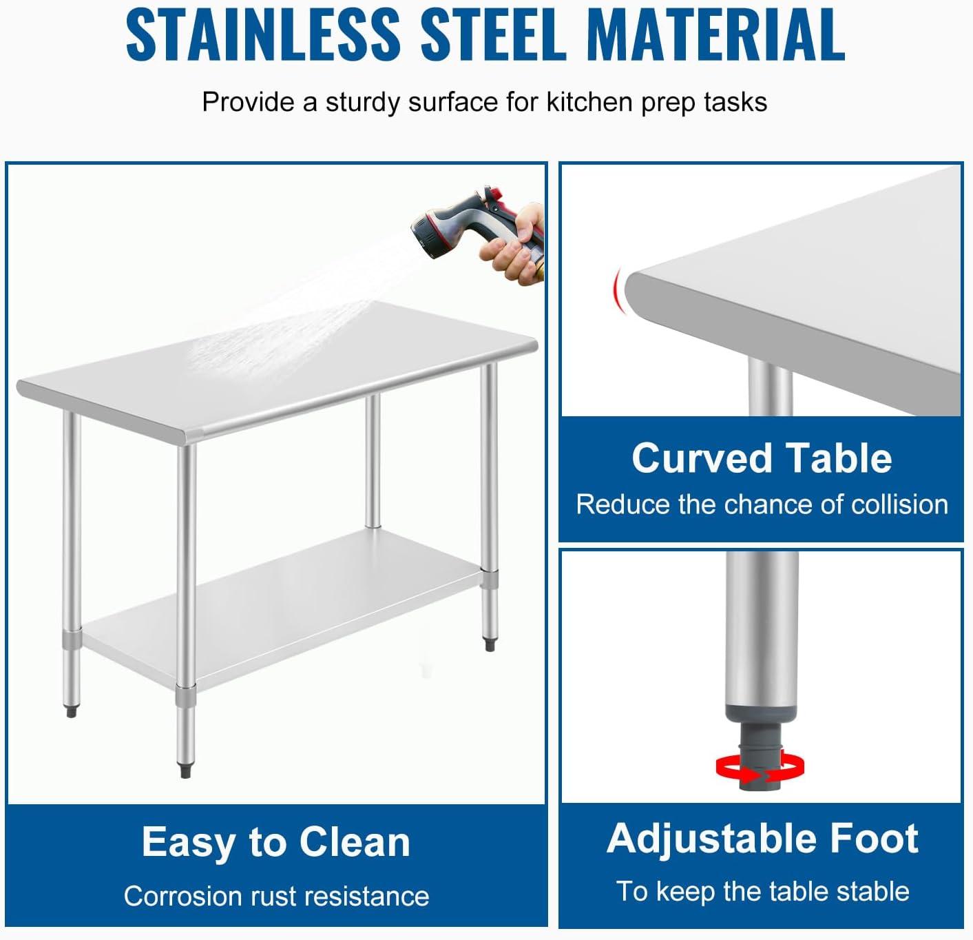 image:imageFDW Stainless Steel Work Table Kitchen Scratch Resistent Commercial Metal Work Table with Adjustable Foot for Kitchen Home Restaurant 24Wx60L