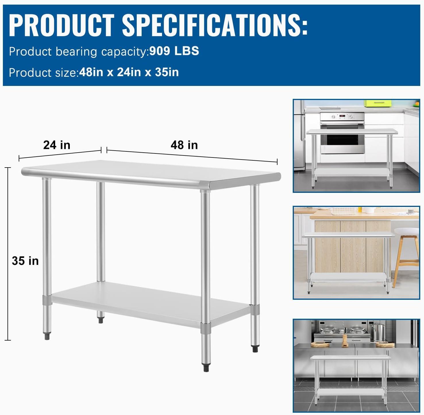 image:imageKitchen Work Table Scratch Resistent and Antirust Metal Stainless Steel Work Table with Adjustable Table Foot Scratch Resistent 24Wx48L
