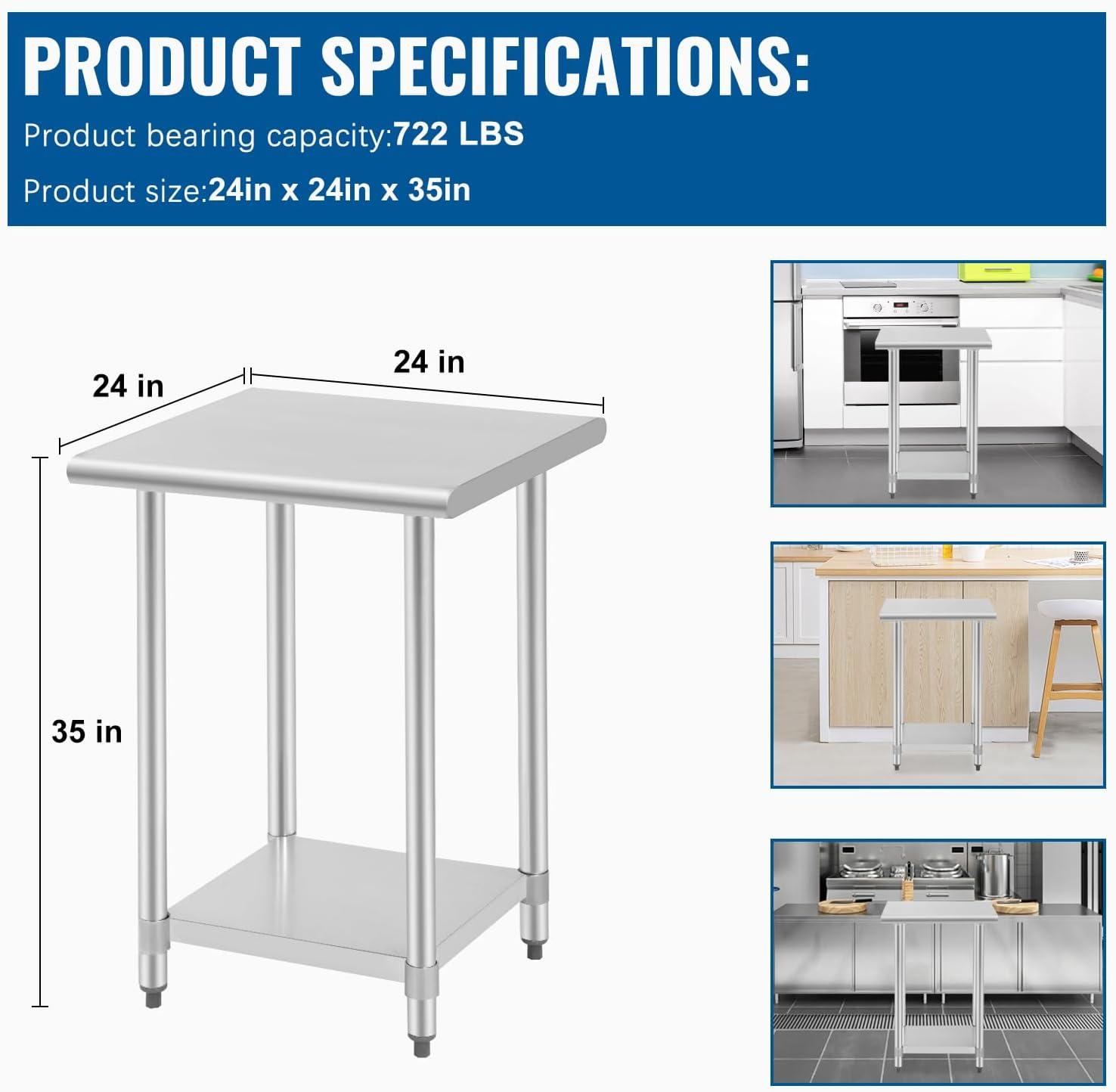 image:imageStainless Steel Work Table Kitchen Work Table Scratch Resistent Commercial Work Table Metal Table with Adjustable Table Foot for Kitchen Home Restaurant 24Wx24L