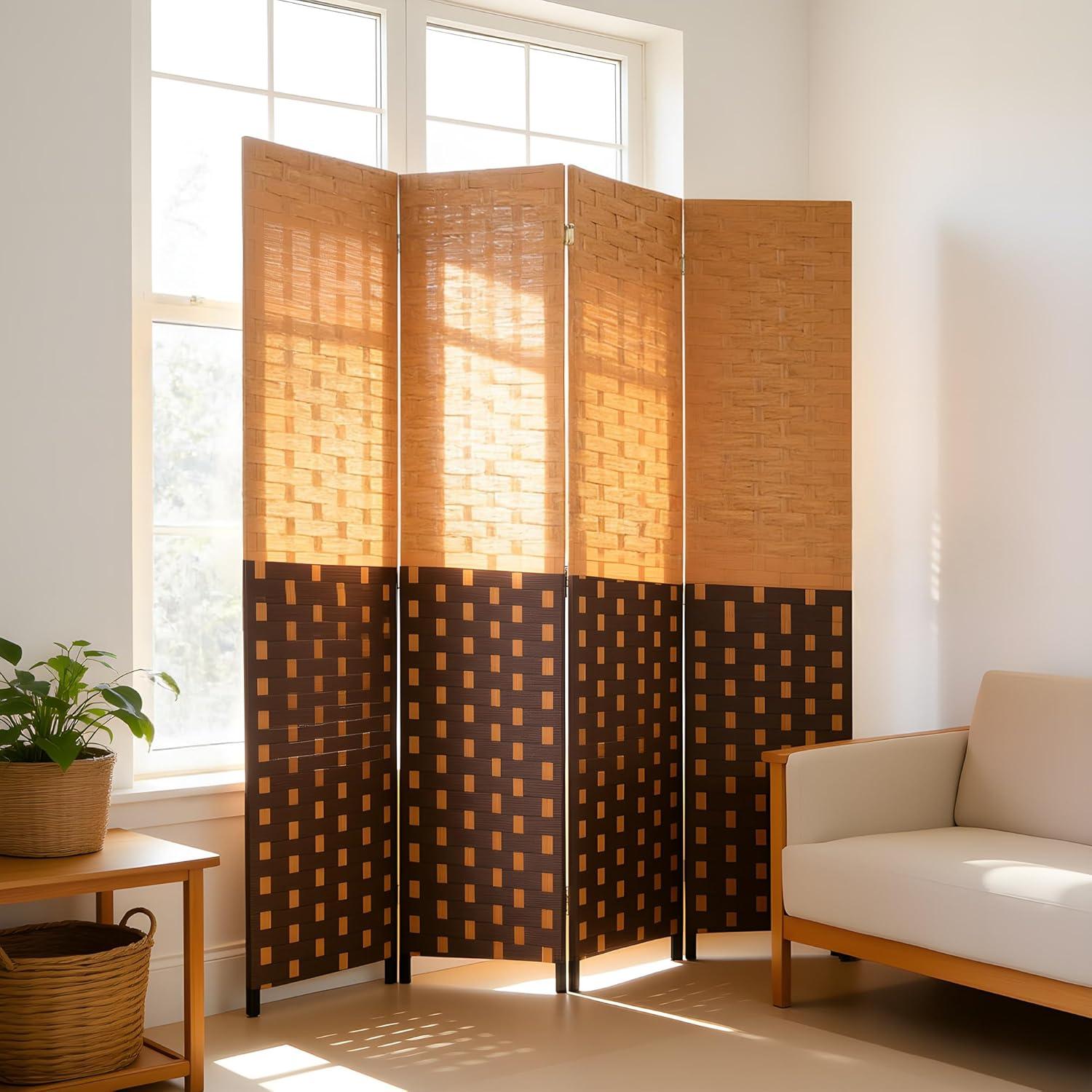 image:imageRoom Divider Wood Screen 6 Panel Folding Portable Partition Screens Wooden Mesh Woven Design Room Screen Divider for Home Office BrownChocolate Brown
