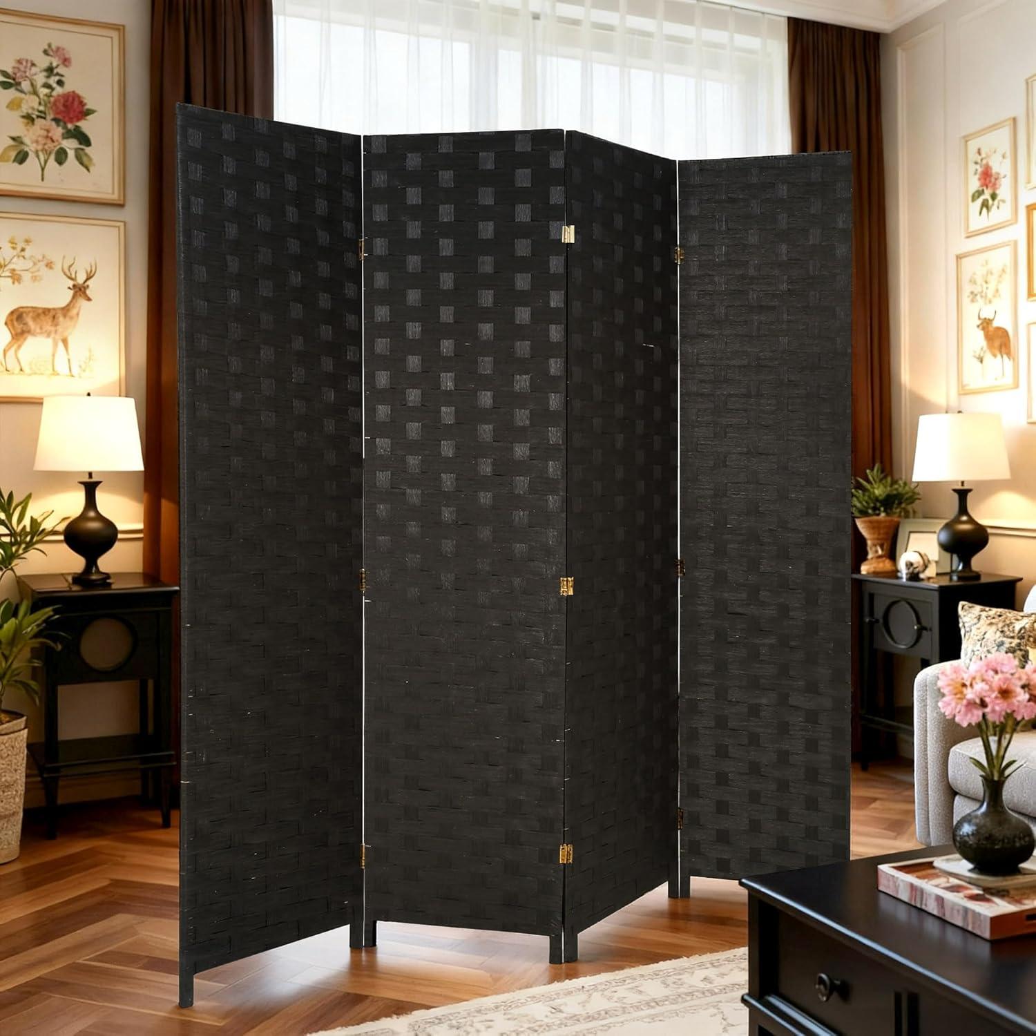 image:imageRoom Divider Wood Screen 6 Panel Folding Portable Partition Screens Wooden Mesh Woven Design Room Screen Divider for Home Office BrownCoal Black