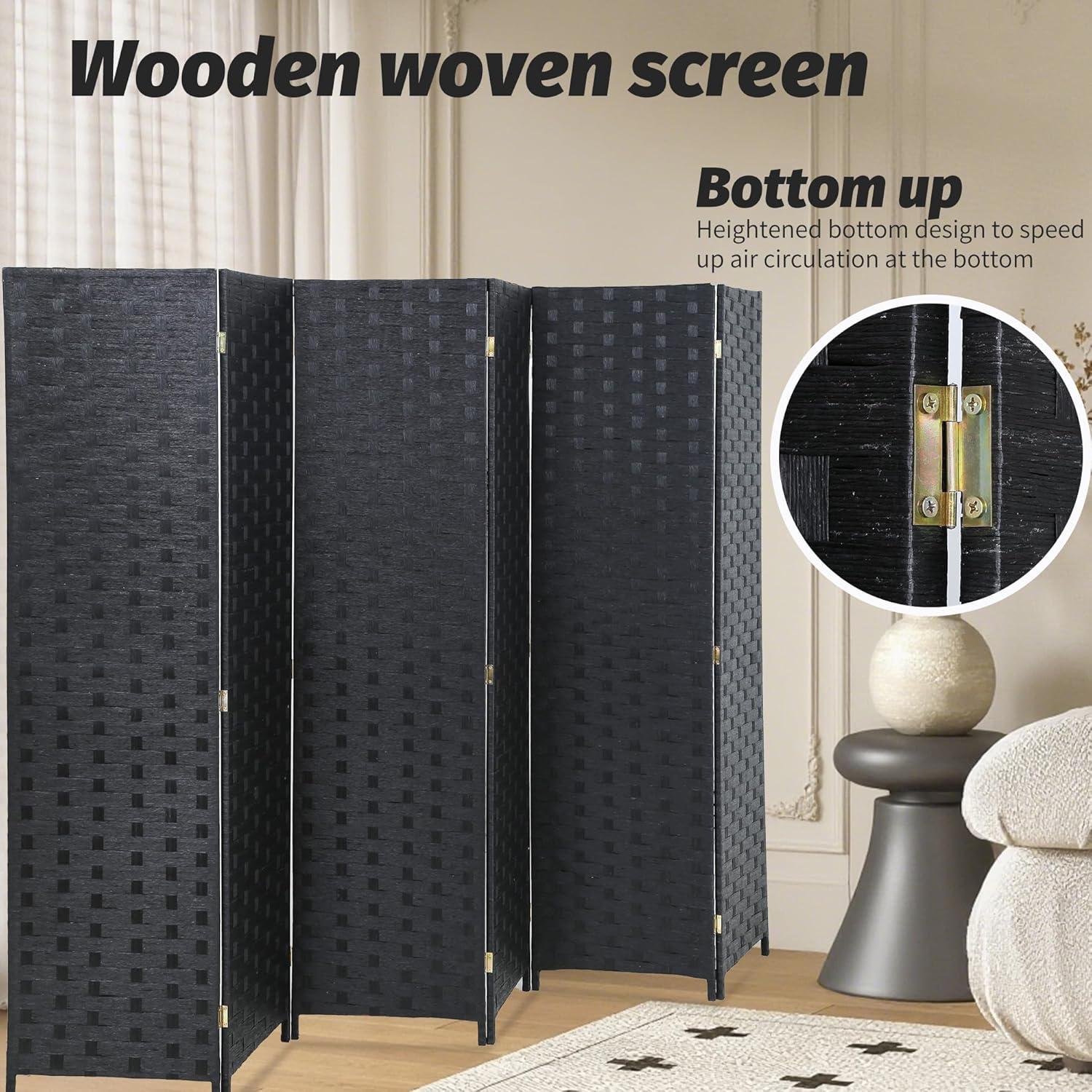 image:imageRoom Divider Wood Screen 6 Panel Folding Portable Partition Screens Wooden Mesh Woven Design Room Screen Divider for Home Office BrownCoal Black
