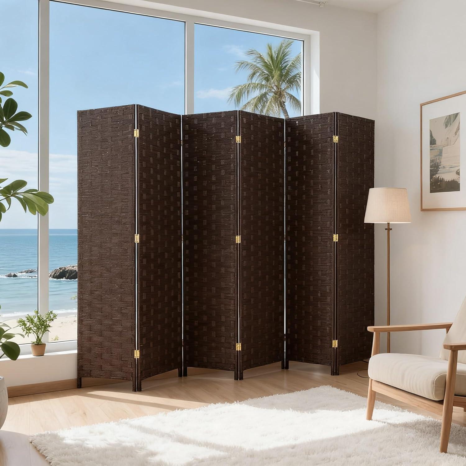 image:imageRoom Divider Wood Screen 6 Panel Folding Portable Partition Screens Wooden Mesh Woven Design Room Screen Divider for Home Office BrownDark Brown